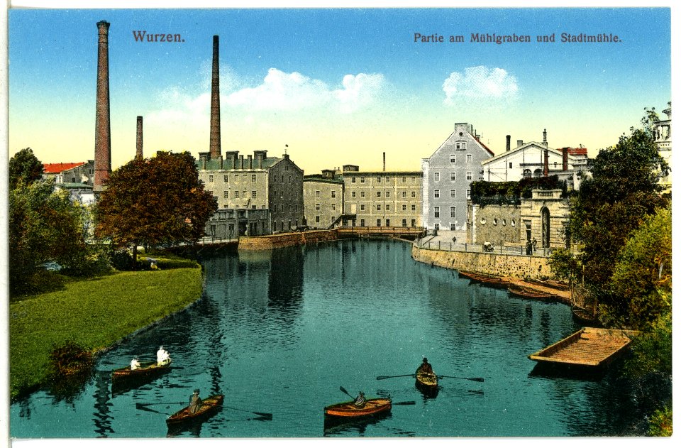 12753-Wurzen-1911-Mühlgraben und Stadtmühle mit Ruderkähnen-Brück & Sohn Kunstverlag