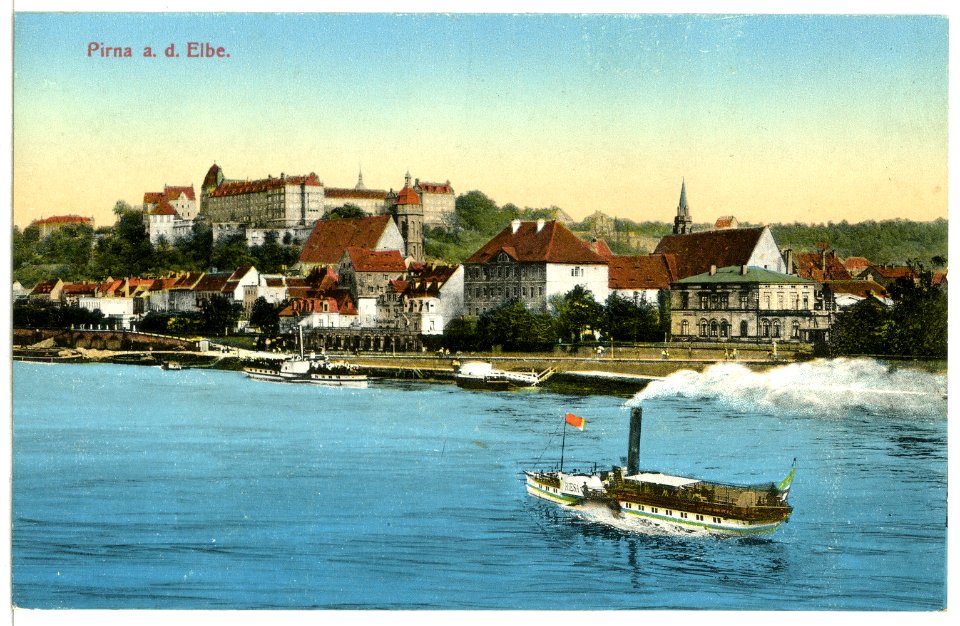 12223-Pirna-1910-Blick auf Sonnenstein, Elbe mit Dampfer-Brück & Sohn Kunstverlag