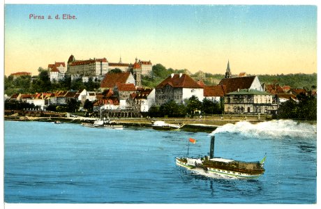 12223-Pirna-1910-Blick auf Sonnenstein, Elbe mit Dampfer-Brück & Sohn Kunstverlag