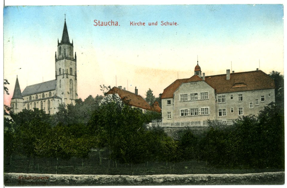 11390-Staucha-1910-Kirche und Schule-Brück & Sohn Kunstverlag