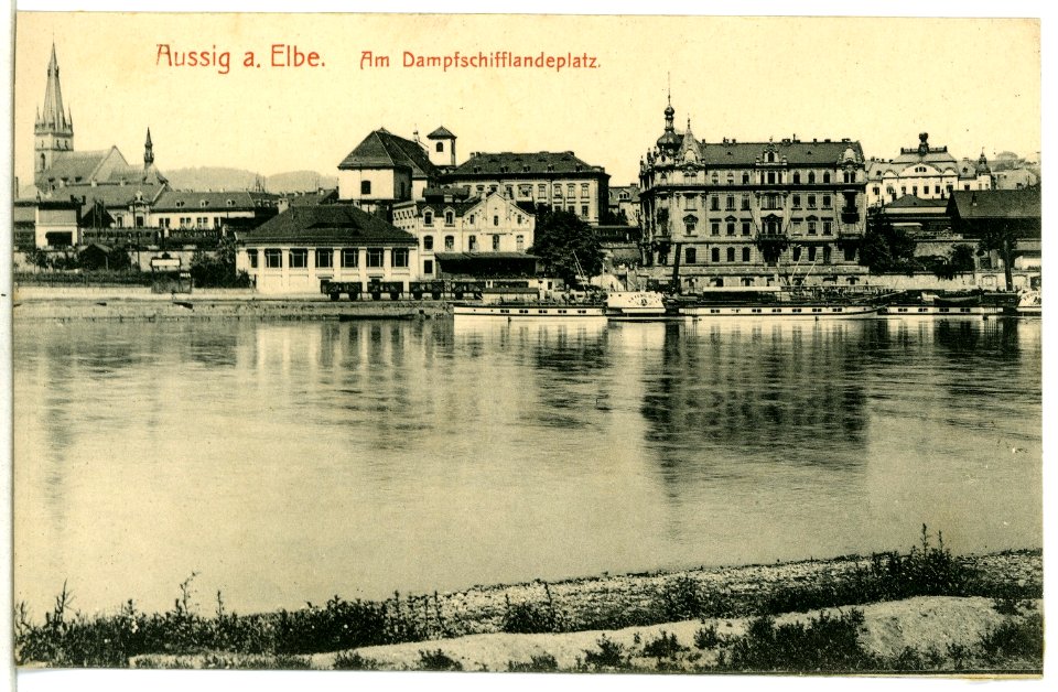 12348-Aussig-1910-Dampfschifflandeplatz mit Dampfer Leitmeritz-Brück & Sohn Kunstverlag