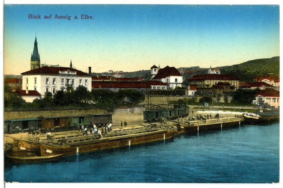 12632-Aussig-1911-Blick auf Aussig - Elbe mit Lastkähnen-Brück & Sohn Kunstverlag