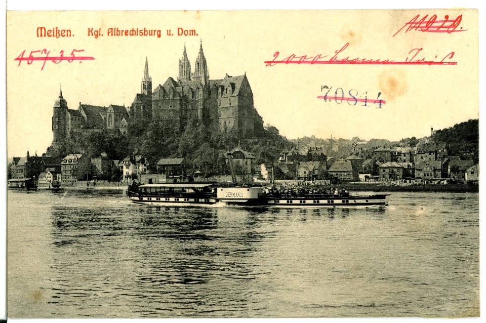 11929-Meißen-1910-Albrechtsburg und Dom - Elbe mit Dampfer Germania-Brück & Sohn Kunstverlag