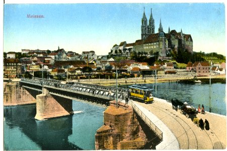 11634-Meißen-1910-Albrechtsburg und Dom - Brücke mit Straßenbahn-Brück & Sohn Kunstverlag