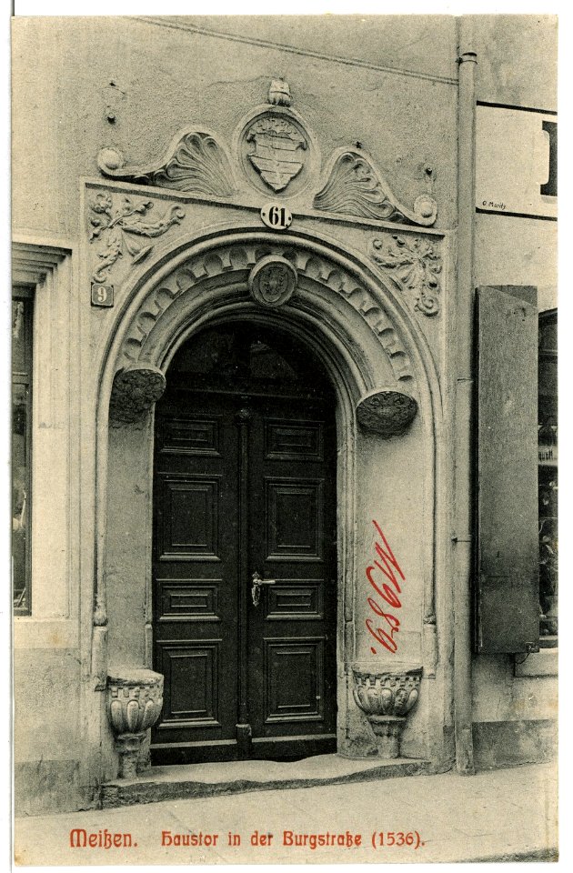11989-Meißen-1910-Haustor in der Burgstraße Nr. 9 (Wappen Krebs)-Brück & Sohn Kunstverlag