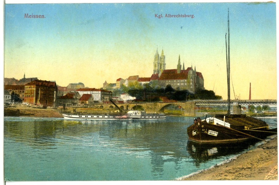 11642-Meißen-1910-Elbe mit Dampfer, Segelschiff, Burgberg-Brück & Sohn Kunstverlag