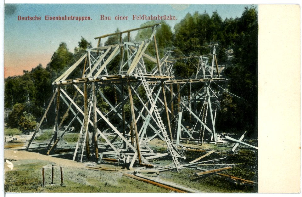 11091-Luga-1910-Deutsche Eisenbahntruppen - Bau einer Feldbahnbrücke-Brück & Sohn Kunstverlag