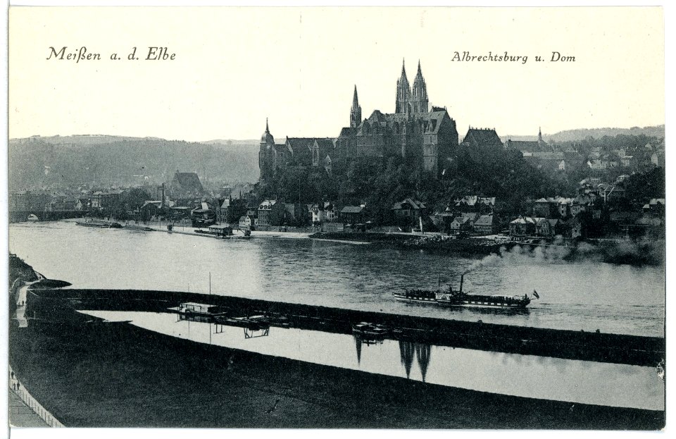 11926-Meißen-1910-Winterhafen, Blick auf Burgberg, Elbe mit Dampfer-Brück & Sohn Kunstverlag