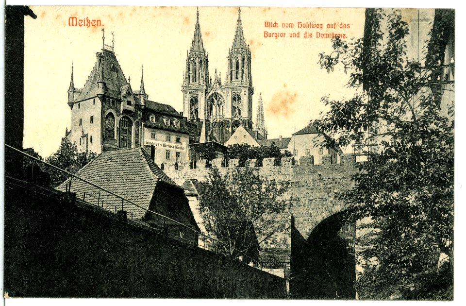 11970-Meißen-1910-Blick vom Hohlweg auf Brücke, Burgtor, Domtürme-Brück & Sohn Kunstverlag