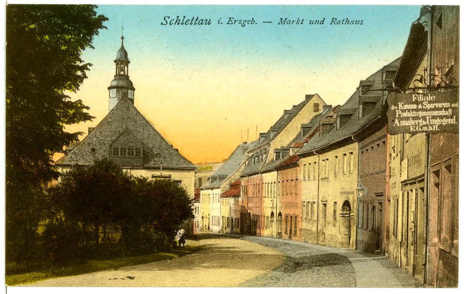 11343-Schlettau-1910-Markt und Rathaus-Brück & Sohn Kunstverlag