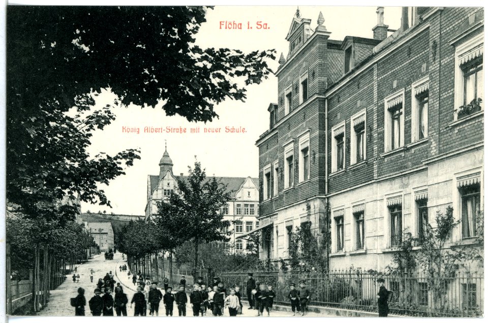11575-Flöha-1910-König Albert Straße mit neuer Schule-Brück & Sohn Kunstverlag
