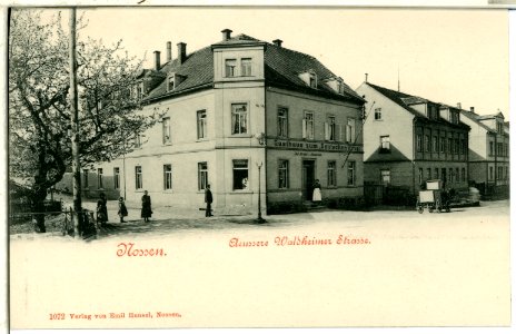 01072-Nossen-1899-Äußere Waldheimer Straße mit Gasthaus zum Deutschen Krug-Brück & Sohn Kunstverlag