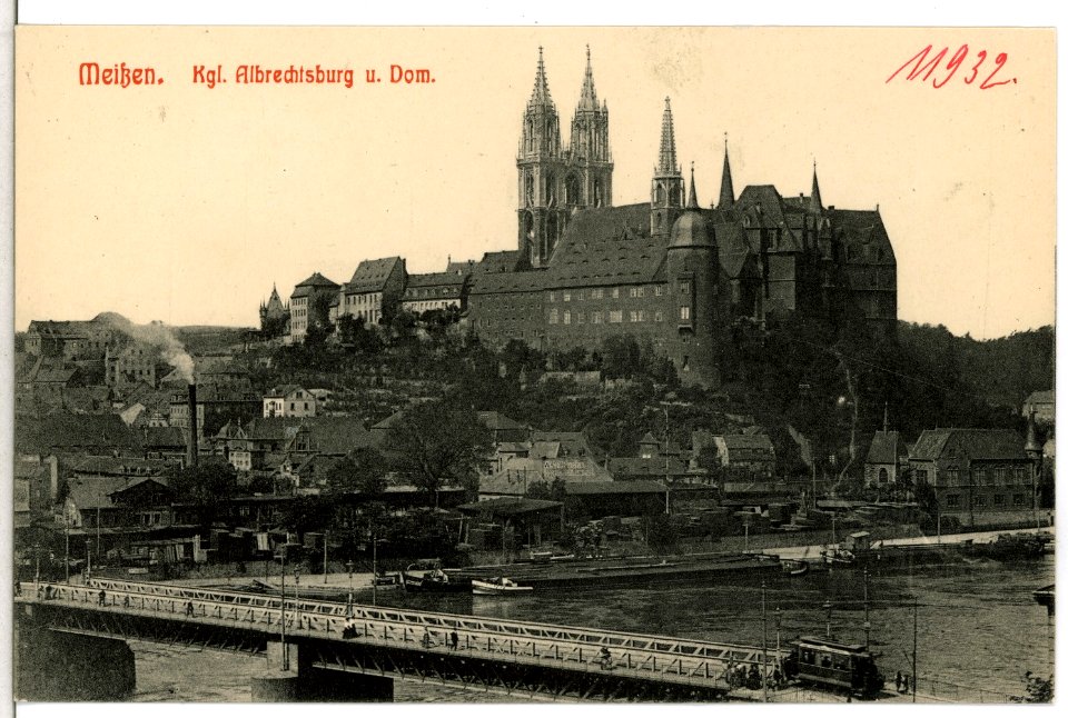 11932-Meißen-1910-Albrechtsburg und Dom - Brücke mit Straßenbahn-Brück & Sohn Kunstverlag