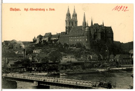 11932-Meißen-1910-Albrechtsburg und Dom - Brücke mit Straßenbahn-Brück & Sohn Kunstverlag