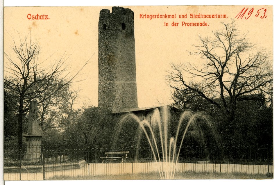 11953-Oschatz-1910-Kriegerdenkmal und Stadtmauerturm in der Promenade-Brück & Sohn Kunstverlag