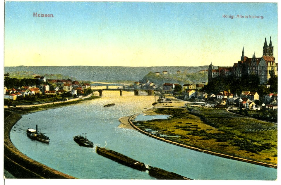 11637-Meißen-1910-Albrechtsburg - Elbe mit Schleppzug und Dampfer-Brück & Sohn Kunstverlag