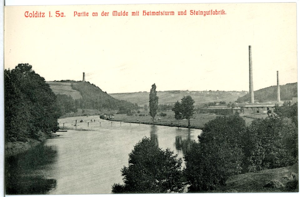 11237-Colditz-1910-Mulde mit Heimatsturm und Steingutfabrik-Brück & Sohn Kunstverlag