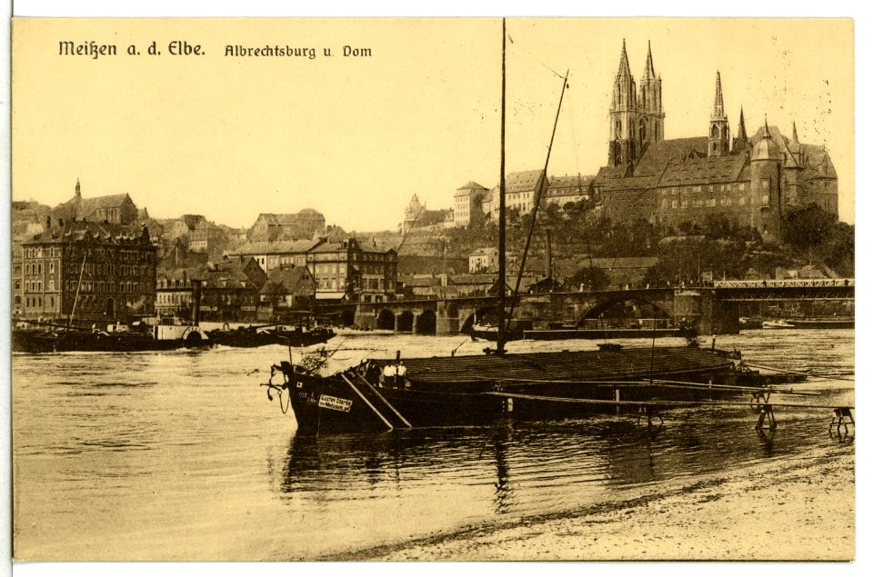 11922-Meißen-1910-Albrechtsburg - Elbe mit Schleppzug und Lastkahn-Brück & Sohn Kunstverlag