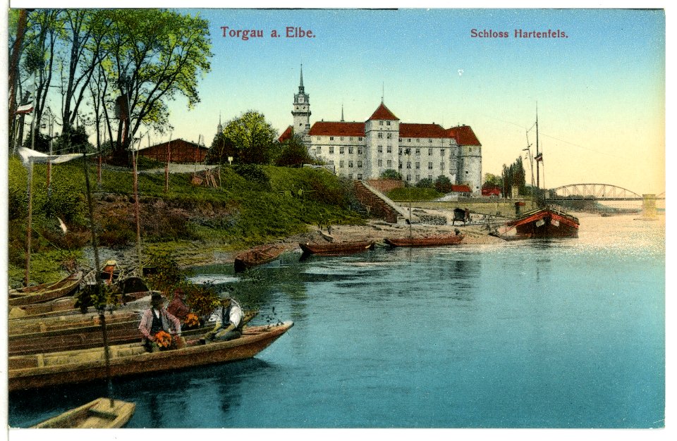 11998-Torgau-1910-Schloß Hartenfels - Elbe mit Fischerbooten-Brück & Sohn Kunstverlag