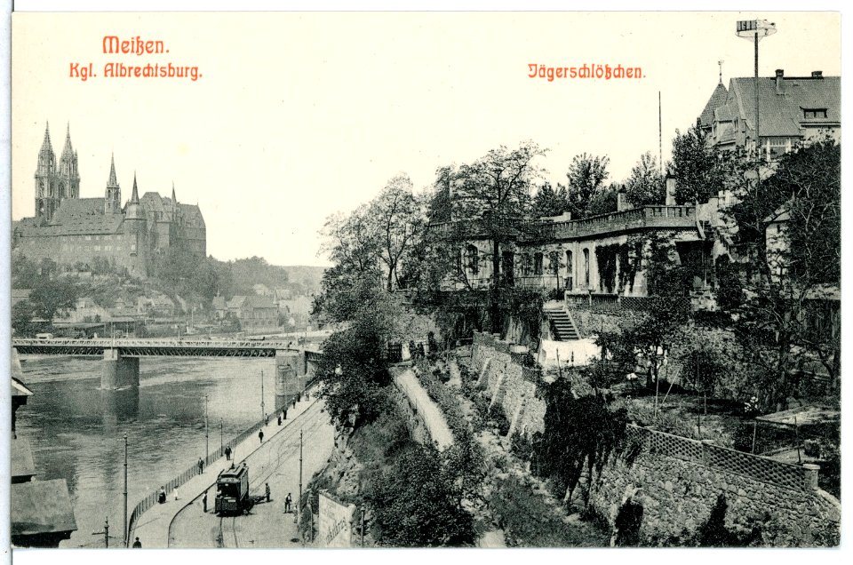 11967-Meißen-1910-Jägerschlößchen, Bahnhofstraße mit Straßenbahn-Brück & Sohn Kunstverlag