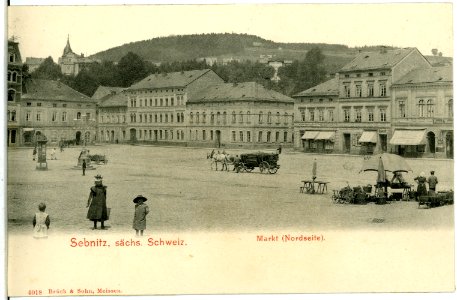 04018-Sebnitz-1903-Markt mit Pferdefuhrwerk-Brück & Sohn Kunstverlag