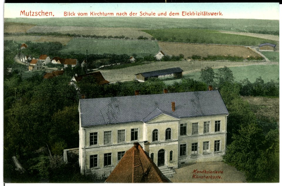 11365-Mutzschen-1910-Blick vom Kirchturm nach der Schule und Elektrizitätswerk-Brück & Sohn Kunstverlag