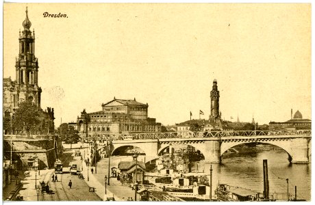 18914-Dresden-1915-Friedrich-August-Brücke, Hofkirche, Semperoper-Brück & Sohn Kunstverlag