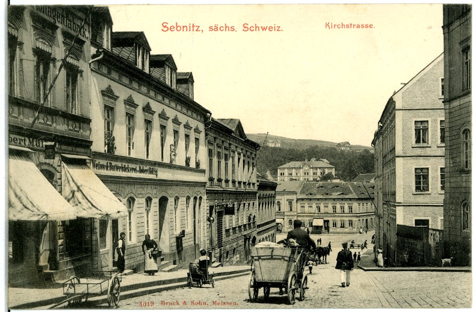 04019-Sebnitz-1903-Kirchstraße mit Pferdewagen-Brück & Sohn Kunstverlag
