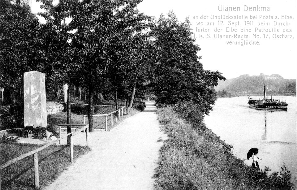 15052-Pirna-Posta-1912-Ulanen-Denkmal - Elbe mit Dampfer-Brück & Sohn Kunstverlag
