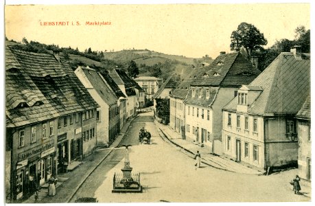 03443-Liebstadt-1903-Markt mit Kriegerdenkmal und Pferdewagen-Brück & Sohn Kunstverlag