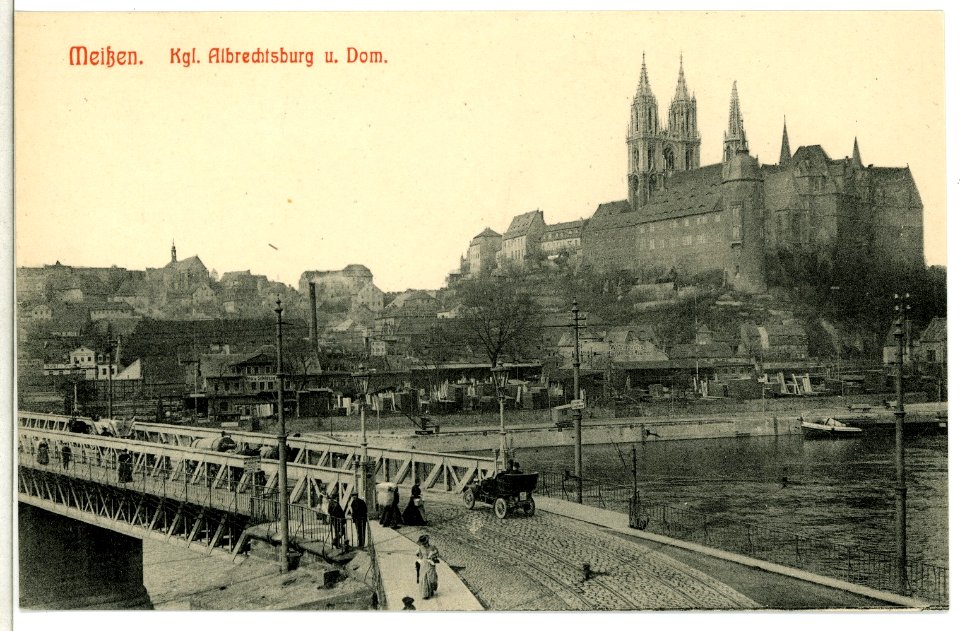 11890-Meißen-1910-Albrechtsburg und Dom - Brücke mit Automobil-Brück & Sohn Kunstverlag