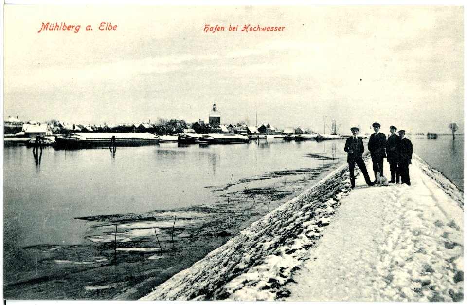 18703-Mühlberg-1915-Hafen bei Hochwasser im Winter-Brück & Sohn Kunstverlag