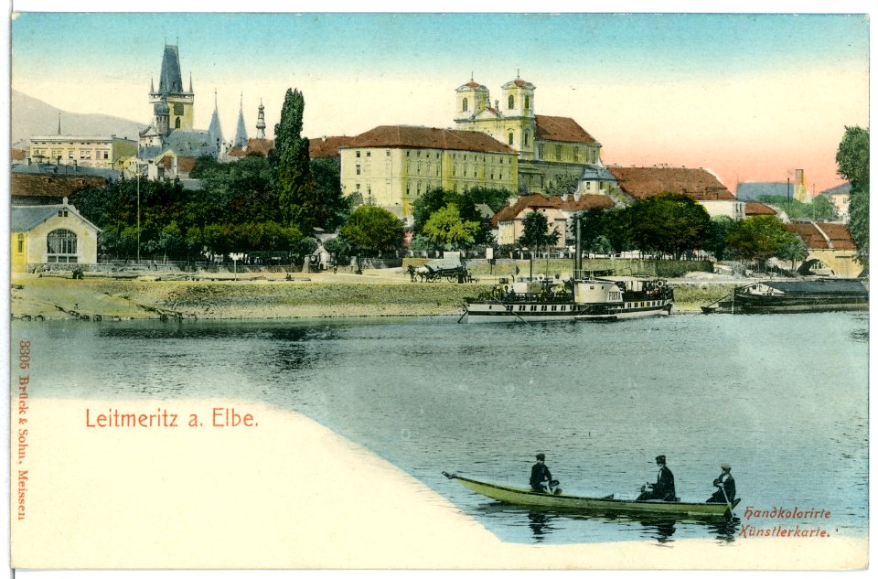03305-Leitmeritz-1903-Blick zur Stadt mit Boot und Dampfer Pirna-Brück & Sohn Kunstverlag