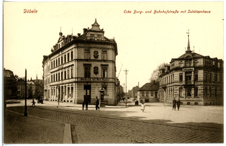 18871-Döbeln-1915-Ecke Burg- und Bahnhofstraße mit Schützenhaus-Brück & Sohn Kunstverlag