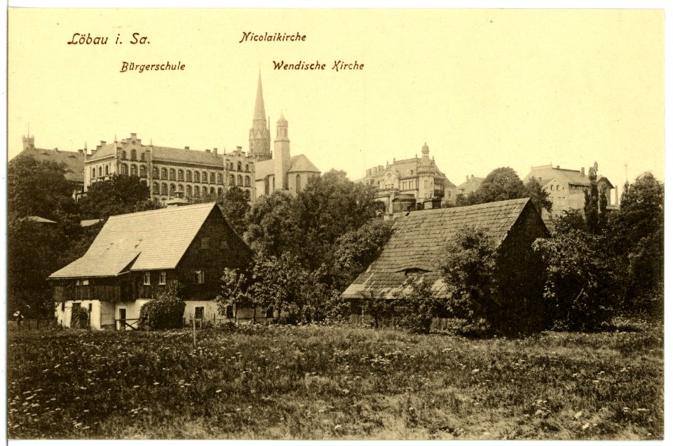 16691-Löbau-1913-Bürgerschule, Nicolaikirche, Wendische Kirche-Brück & Sohn Kunstverlag