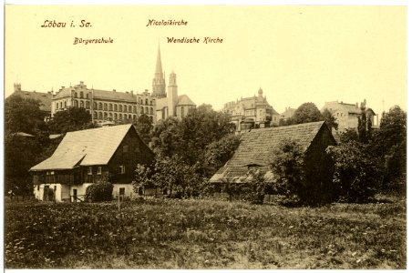 16691-Löbau-1913-Bürgerschule, Nicolaikirche, Wendische Kirche-Brück & Sohn Kunstverlag