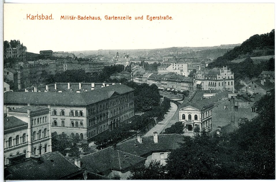 14906-Karlsbad-1912-Militär-Badehaus, Gartenzeile und Egerstraße-Brück & Sohn Kunstverlag