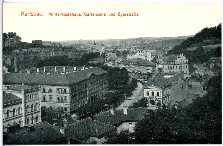 14906-Karlsbad-1912-Militär-Badehaus, Gartenzeile und Egerstraße-Brück & Sohn Kunstverlag