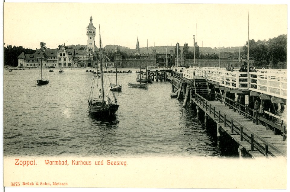 03475-Zoppot-1903-Warmbad, Kurhaus und Steg mit Segelbooten-Brück & Sohn Kunstverlag