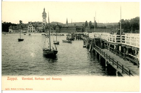 03475-Zoppot-1903-Warmbad, Kurhaus und Steg mit Segelbooten-Brück & Sohn Kunstverlag