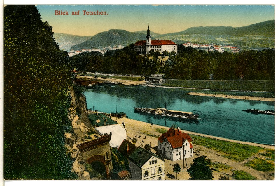 12001-Tetschen-1910-Tunnel, Schloß, Elbe mit Dampfer-Brück & Sohn Kunstverlag