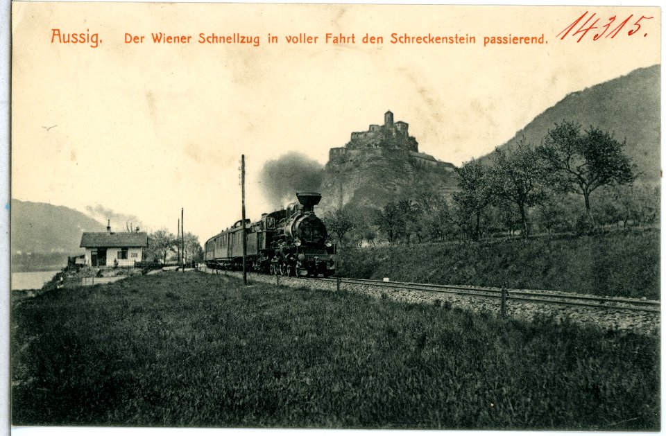 14315-Aussig-1912-Schreckenstein mit Wiener Schnellzug-Brück & Sohn Kunstverlag