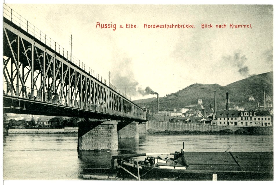 12999-Aussig-1911-Nordwestbahnbrücke und Blick nach Krammel-Brück & Sohn Kunstverlag