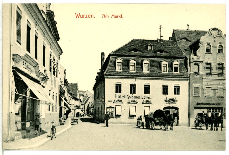 12281-Wurzen-1910-Am Markt - Hotel Goldener Löwe - Pferdefuhrwerke-Brück & Sohn Kunstverlag
