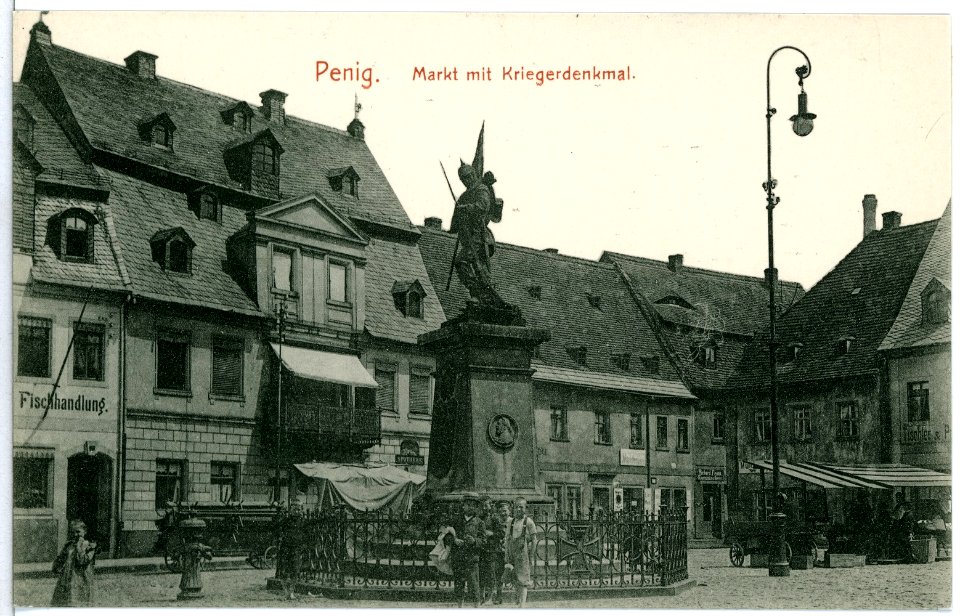 10537-Penig a. d. Mulde-1908-Markt mit Kriegerdenkmal-Brück & Sohn Kunstverlag