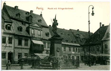 10537-Penig a. d. Mulde-1908-Markt mit Kriegerdenkmal-Brück & Sohn Kunstverlag