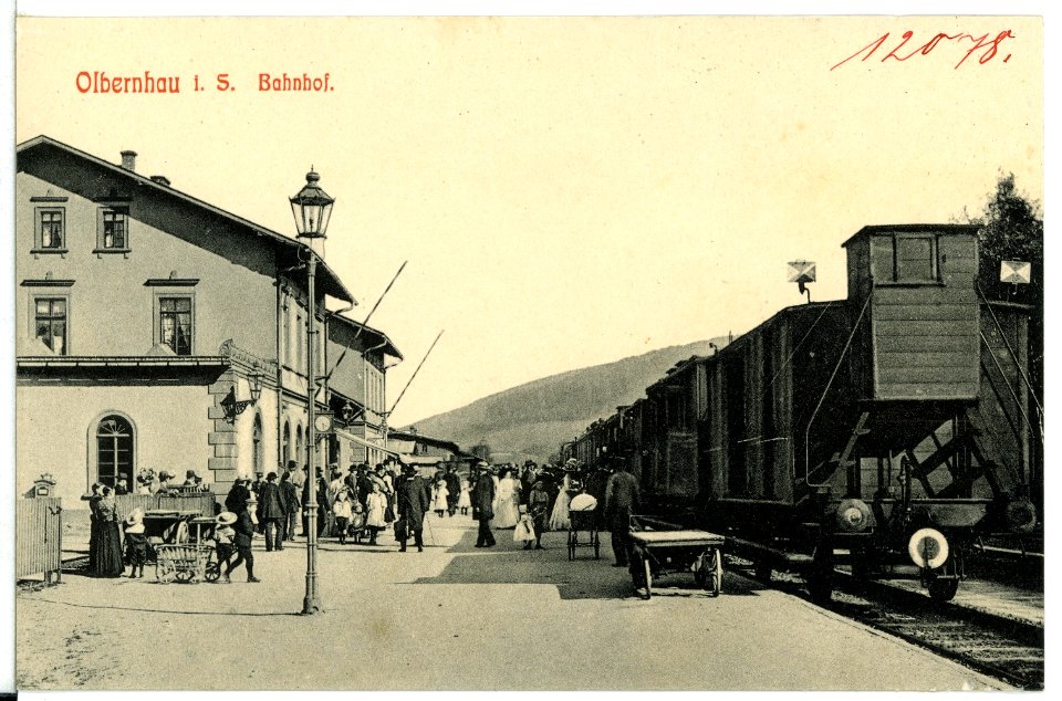 12078-Olbernhau-1910-Bahnhof mit Personenzug-Brück & Sohn Kunstverlag