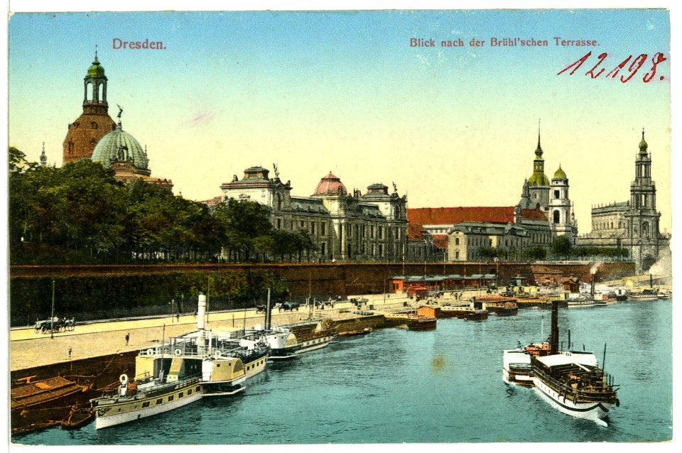 12198-Dresden-1910-Brühlsche Terrasse, Elbe mit Dampfern-Brück & Sohn Kunstverlag