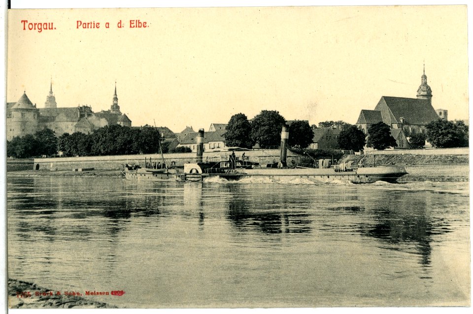 07765-Torgau-1906-Elbe mit Schlepper-Brück & Sohn Kunstverlag