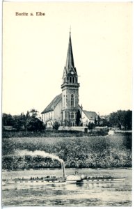 20915-Boritz-1918-Kirche - Elbe mit Dampfer Kaiser Franz Josef-Brück & Sohn Kunstverlag